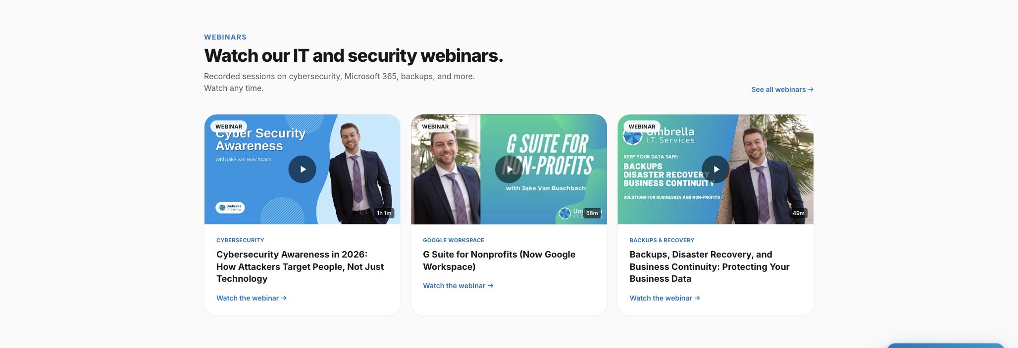 Umbrella IT Services on-demand webinar library featuring cybersecurity, Google Workspace, and business continuity sessions